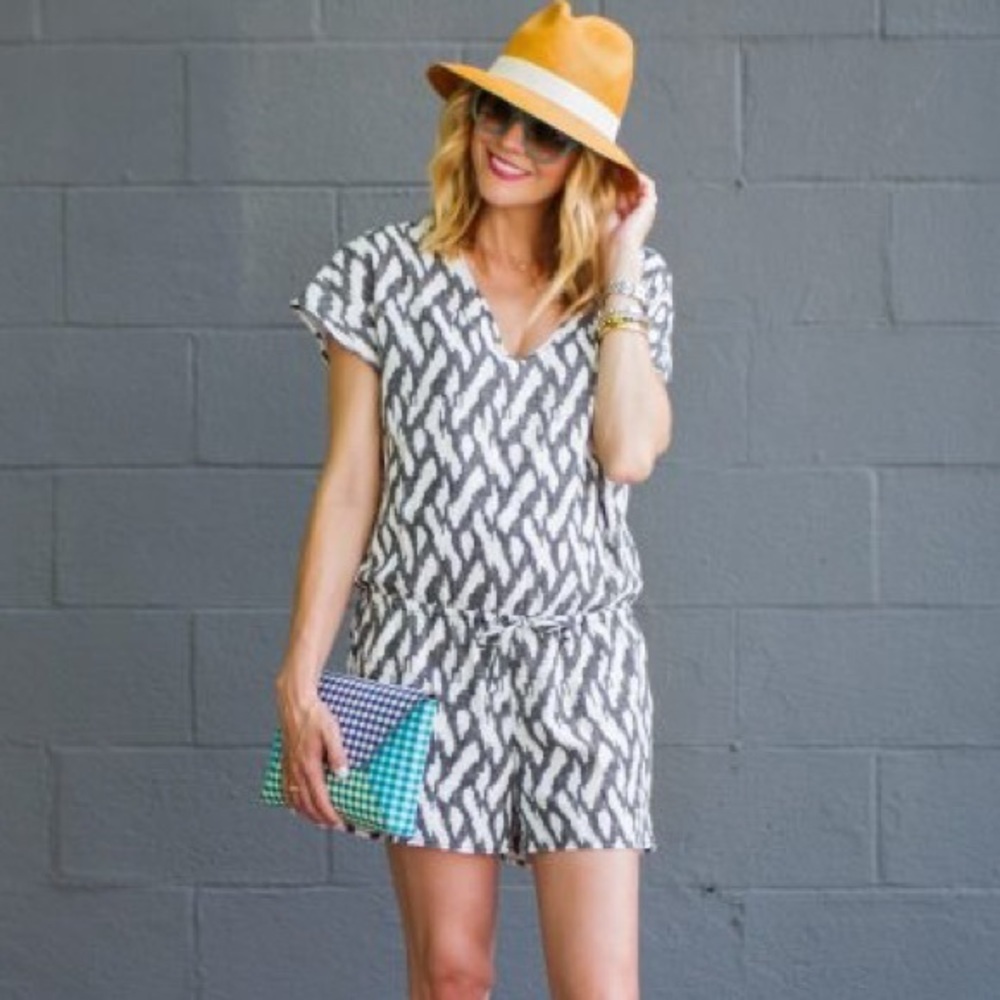 J. Crew Ikat Print Linen Romper Gray